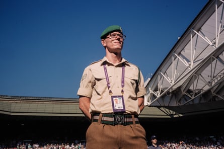A member of the armed services provides security on Centre Court during Andy Murray’s two-day thriller against Stefanos Tsitsipas