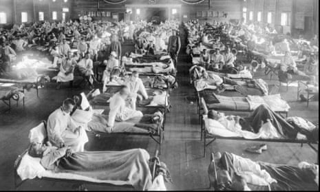 Spanish influenza victims crowd into an emergency hospital at Camp Funston, Kansas, US in 1918.