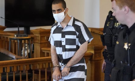 Hadi Matar, 24, arrives for an arraignment in the Chautauqua county courthouse on Saturday 13 August.