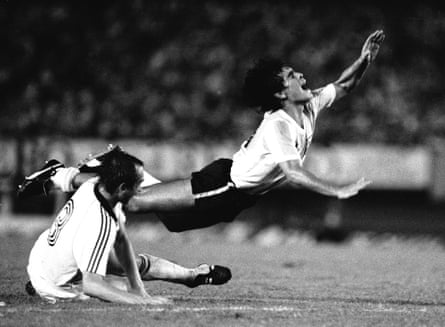 Diego Maradona is fouled during a friendly international between West Germany and Argentina in Buenes Aires, Argentina.