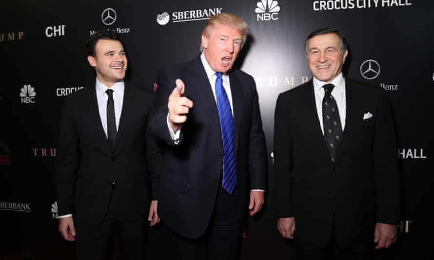Emin Agalarov, Donald Trump and Aras Agalarov attend the Miss Universe pageant on 9 November 2013 in Moscow, Russia.