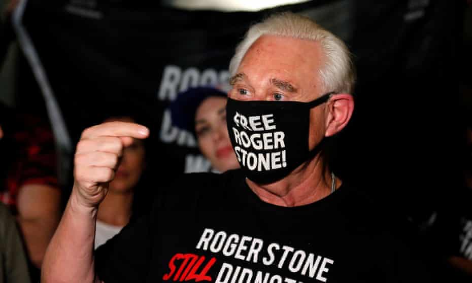 Roger Stone reacts after Trump commuted his federal prison sentence outside his home in Fort Lauderdale, Florida.