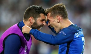 Antoine Griezmann celebrates with Andre-Pierre Gignac after France’s 2-0 win.