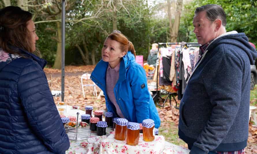 Johnny Vegas with Sian Gibson, centre, and Gemma Wardle in a scene from Murder, They Hope, a new series of the murder-mystery spoof.