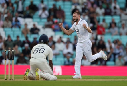 Gus Atkinson celebrates after dismissing Sai Sudharsan on Friday evening