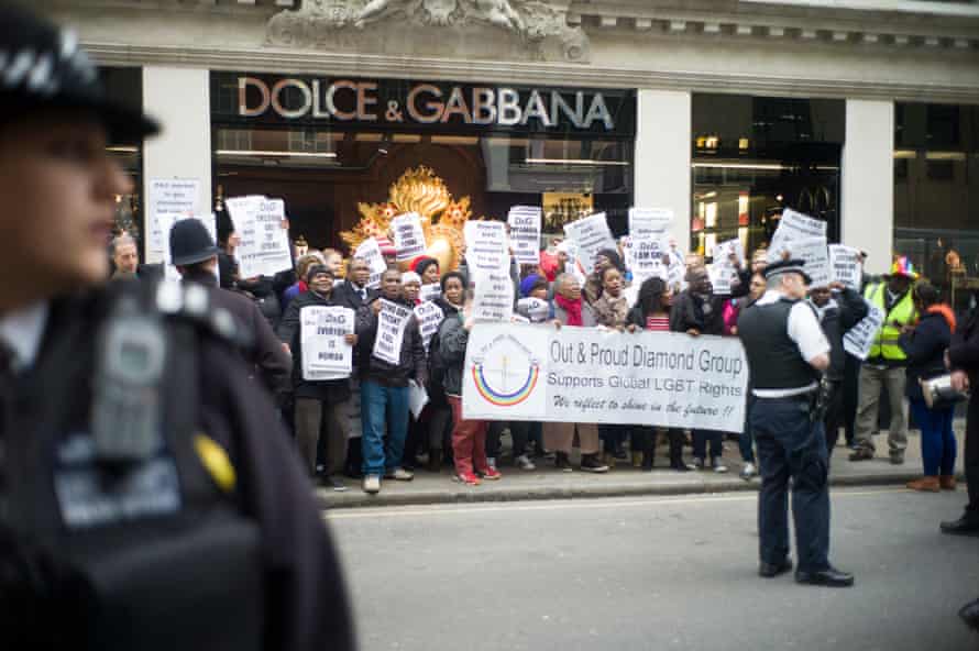 Equality campaigners outside the Dolce & Gabbana flagship store in London