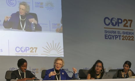 Participants in an intergenerational panel discussion address loss and damage, from left, Ugandan climate justice advocate Vanessa Nakate, Chair of Elders and former president of Ireland Mary Robinson, Climate Envoy for the Marshall Islands Kathy Jetnil-Kijiner, and Pakistani climate justice advocate Ayisha Siddiqa, at the COP27 U.N. Climate Summit, Thursday, Nov. 17, 2022, in Sharm el-Sheikh, Egypt.