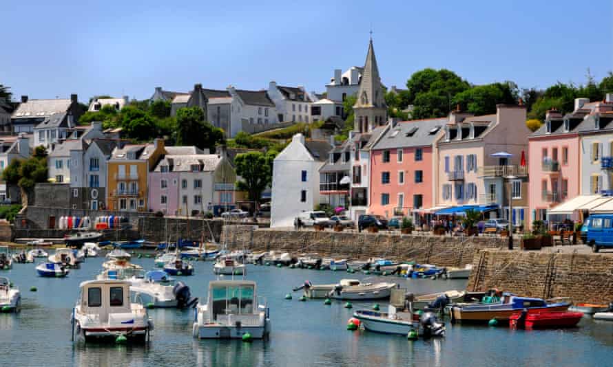 Port of Sauzon and the centre town on the island of Belle Ile in the Morbihan department in Brittany in north-western France.