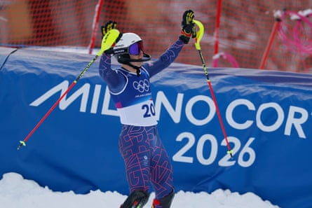 Britain’s Dave Ryding waves to the crowd after his final Olympic run