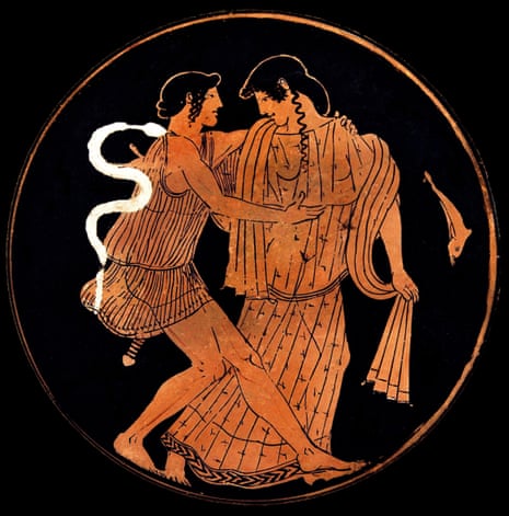 A red-figure bobbin, or textile spooler, decorated with an image of Peleus wrestling Thetis on a beach, holding on tightly while she transforms shapes until she agrees to marry him