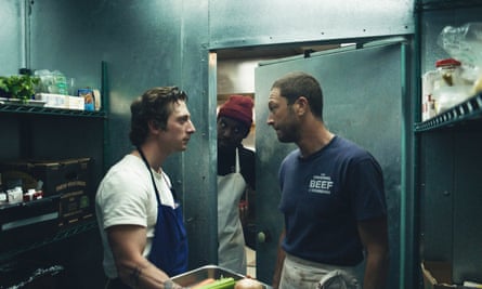 Cousin! … Moss Bachrach as Richie with Jeremy Allen White, left, and Lionel Boyce in The Bear.