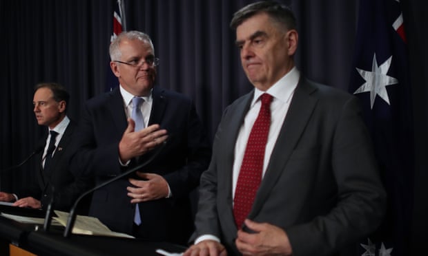 Australia’s health minister Greg Hunt, prime minister Scott Morrison and chief medical officer Brendan Murphy