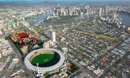 A proposed demountable stadium, in red next to the existing Gabba stadium, is an option being put forward as an alternative to a full redevelopment of the current facility.