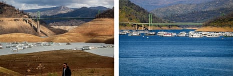Before and after images of boats in a reservoir