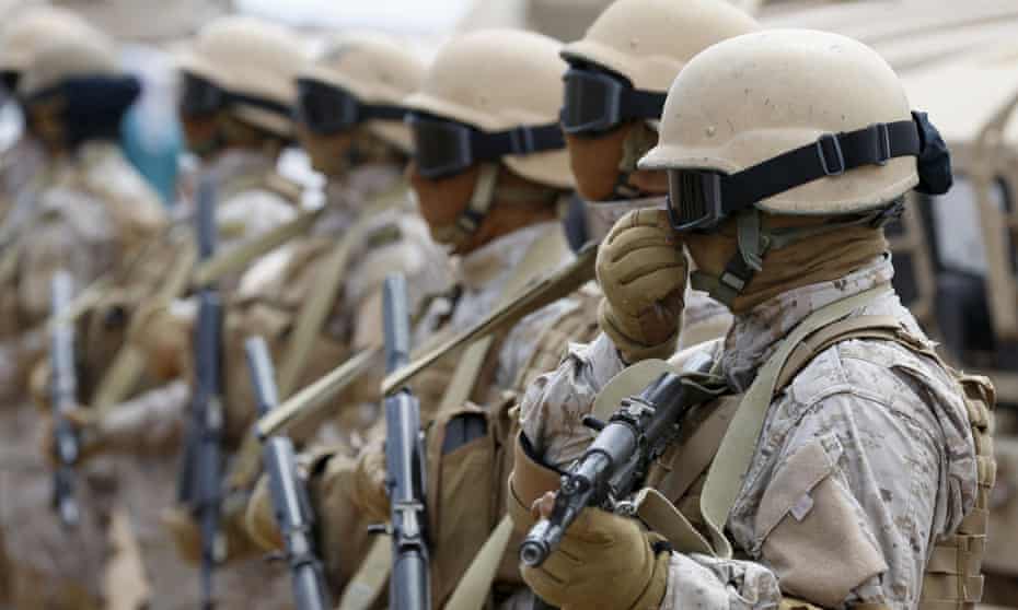 Saudi troops at a base in Yemen.