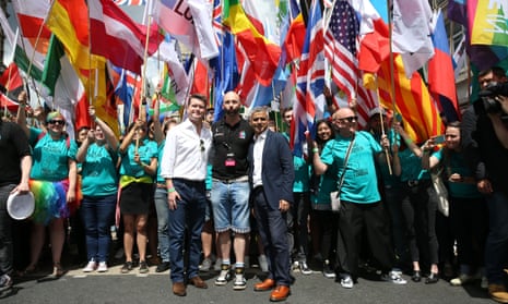 London mayor Sadiq Khan (right) with Matthew Barzun, US ambassador to Britain, at the London Pride march on Saturday.