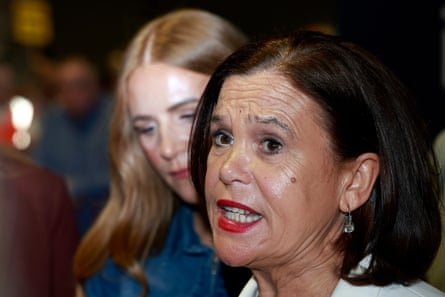 Sinn Féin’s party leader, Mary Lou McDonald, speaks to reporters
