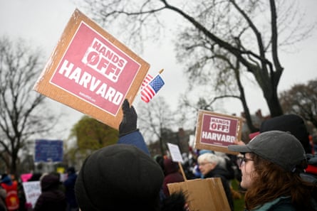 people hold signs that read ‘hands off Harvard’