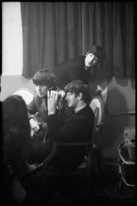 George Harrison, Ringo Starr, John Lennon In the dressing room at the Finsbury Park Astoria for the Beatles Christmas Show, December 1963