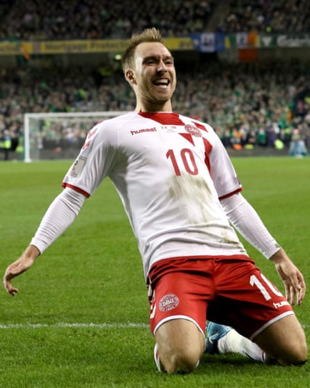 Christian Eriksen celebrates after scoring Denmark’s their third goal in the second-leg of the play-off against Republic of Ireland.