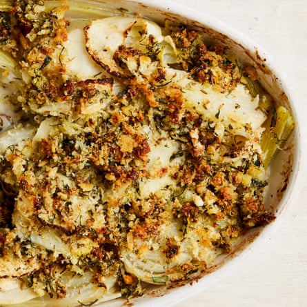 Fennel and apple gratin with a parmesan crust.