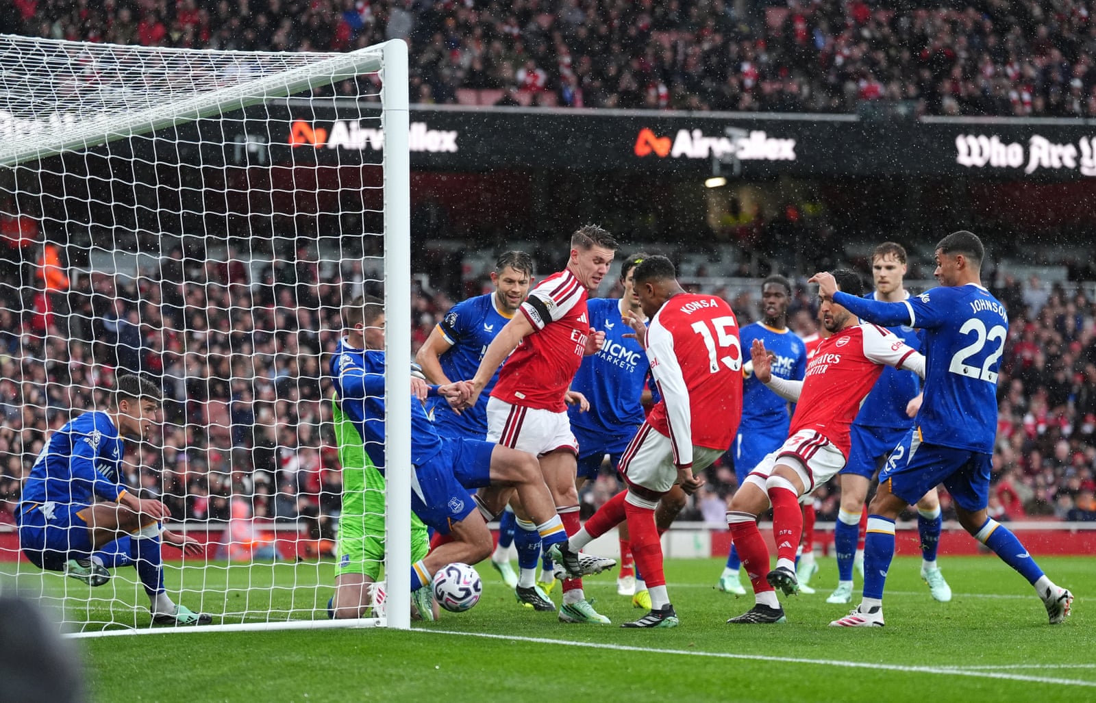 Ezri Konsa scores Arsenal's first goal against Everton on 24 October 2026