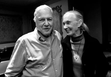 Black and white photo of David Attenborough and Jane Goodall in 2010