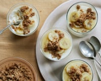 Benjamin Ebuehi's yogurt panna cotta with banana and tahini crumble.