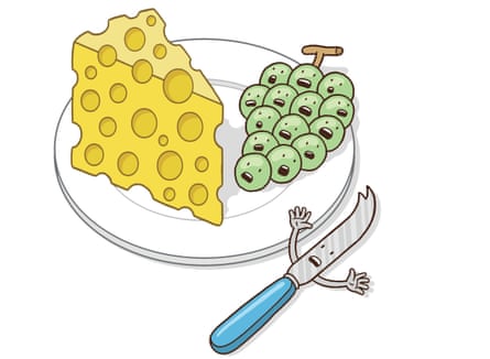 An illustration of cheese with holes in it and grapes and a knife with scared faces