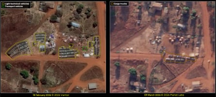 Two aerial images show the position of vehicles in February and March this year