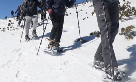 line of people in snowshoes
