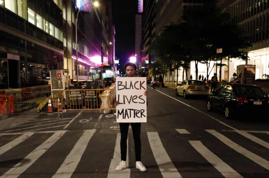 A demonstrator in Manhattan on Monday.