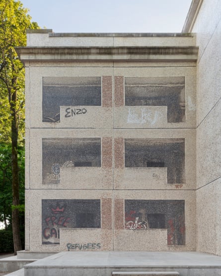 A detail of Human Dignity Shall Be Inviolable, Tieu’s mosaic re-creation of the Gehrenseestrasse complex on the exterior of the German pavilion in Venice.