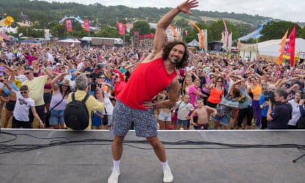 And stretch … Joe Wicks leads an exercise class at Glastonbury.