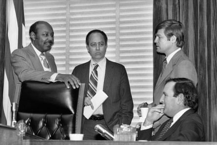 Blakey, second left, with the HSCA chair, Louis Stokes (left), December 1978, during the investigation into the JFK assassination.
