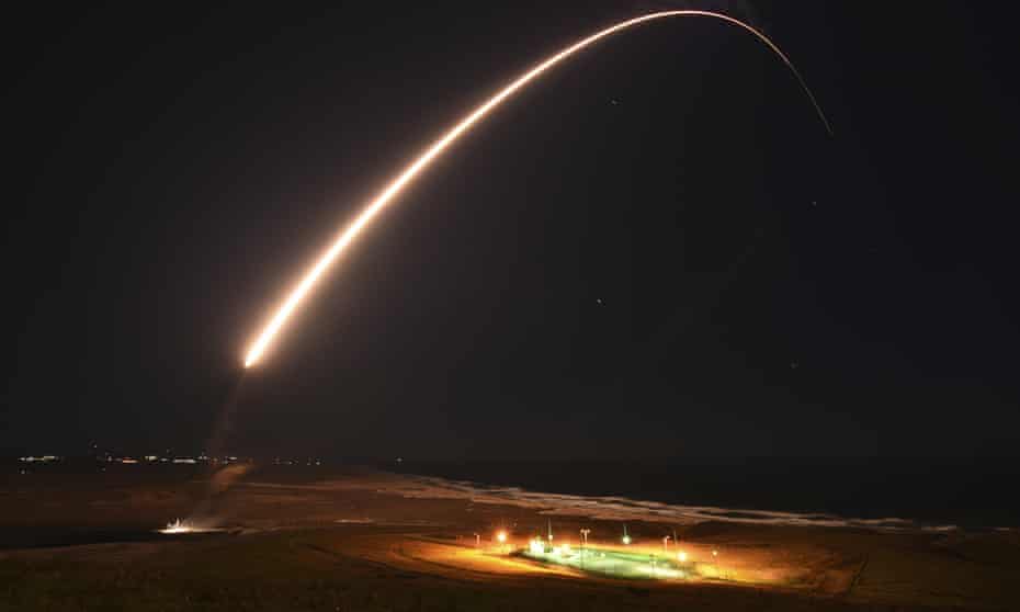 an unarmed Minuteman 3 intercontinental ballistic missile launches during an operation test at Vandenberg Air Force Base, California., on Tuesday, Feb. 23, 2021.