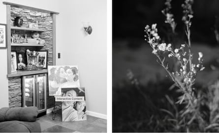 Left: a shrine inside of home with flowers and pictures. Right: weeds growing from flowers