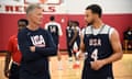 USA coach Steve Kerr and Stephen Curry speak during a training camp last week in Las Vegas.
