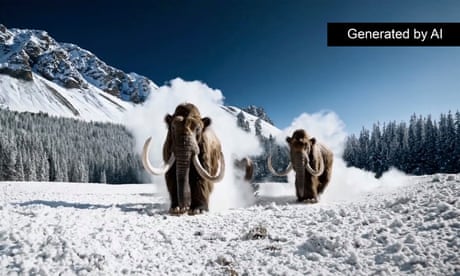 A screenshot from an AI-generated video of woolly mammoths.