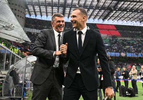 Andrij Shevchenko and Paolo Maldini of AC Milan attend before the UEFA Champions League semi-final first leg match between AC Milan and FC Internazionale at San Siro