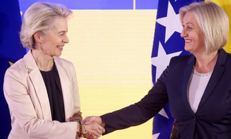 Ursula von der Leyen, left, shakes hands with the president of the Council of Ministers of Bosnia and Herzegovina, Borjana Krišto, before their meeting in Sarajevo, Bosnia, today.
