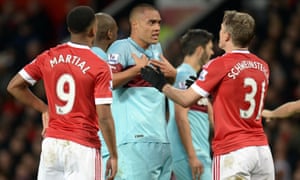 West Ham United’s defender Winston Reid takes exception to Bastian Schweinsteiger’s challenge.