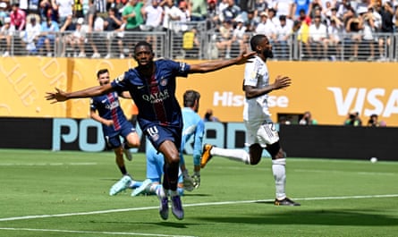 Ousmané Dembélé celebrates his goal in PSG’s victory over Real Madrid.