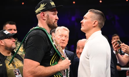 Tyson Fury and Oleksandr Usyk after the fight between Fury and Francis Ngannou at Boulevard Hall in Riyadh, Saudi Arabia