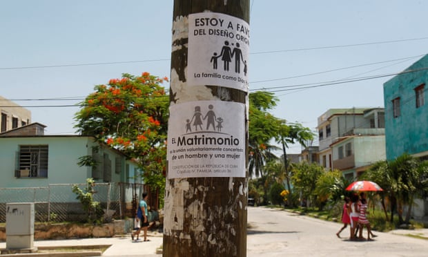 A placard opposing gay marriage is seen on a pole in Havana, Cuba