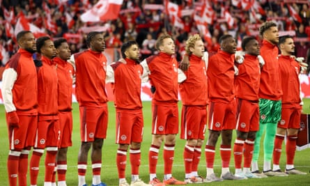 Canada players lines up during the Nations League quarter-final match between Canada and Suriname at BMO Field in Toronto, Ontario in 2024.