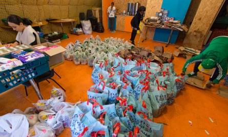 Prepared bags at the Arches food bank.