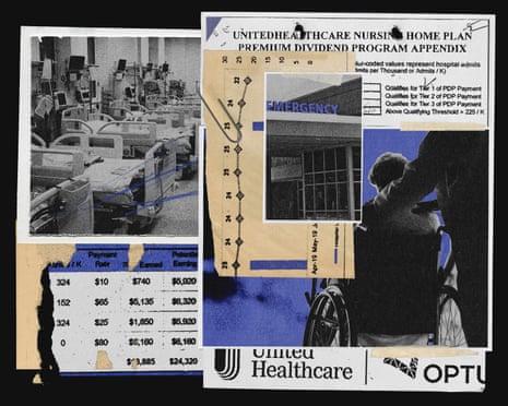 A collage combining imagery and documents related to healthcare and insurance. On the left, a black-and-white photo shows an empty hospital room lined with beds and monitors. To the right, there's a document titled “UNITEDHEALTHCARE NURSING HOME PLAN PREMIUM DIVIDEND PROGRAM APPENDIX” with charts and text referencing hospital admissions and payment tiers. A silhouette of a person in a wheelchair being pushed by a nurse is partially visible. At the bottom, a table displays numerical data about payments and earnings. Logos for UnitedHealthcare and Optum appear at the bottom edge.