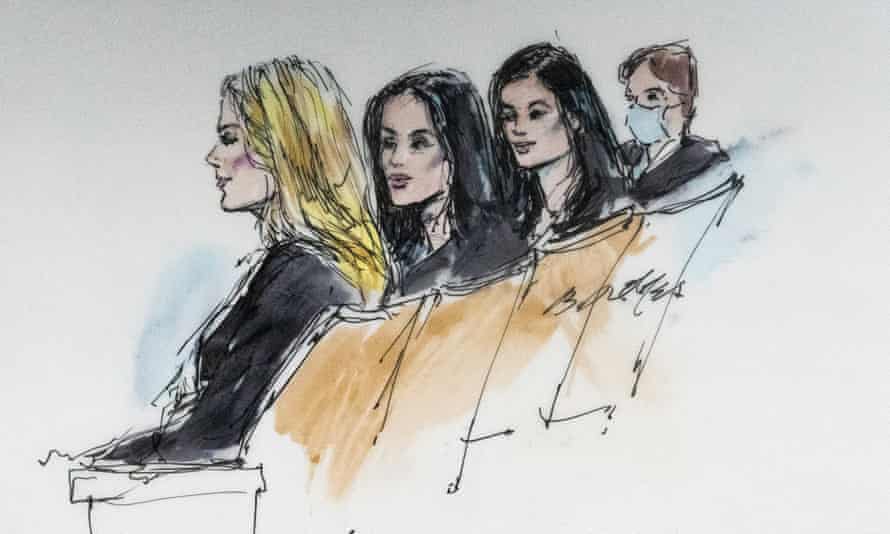 A courtroom artist sketch of Khloé Kardashian, Kim Kardashian, Kylie Jenner and Kris Jenner at the trial.