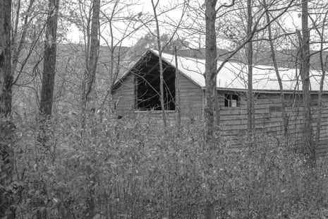 a barn in the middle of the woods
